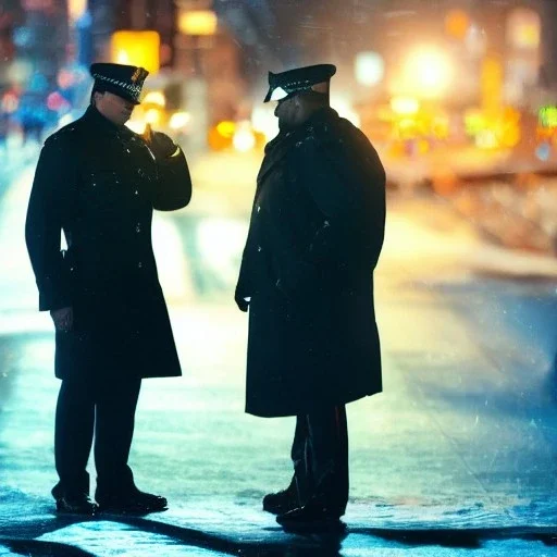 large muscular police officer speaking to a muscular man wearing a trench coat, downtown snowy new york at night, dramatic, dramatic lighting, volumetric lighting, hyperrealism, 8k, high quality, photorealistic, lot of details