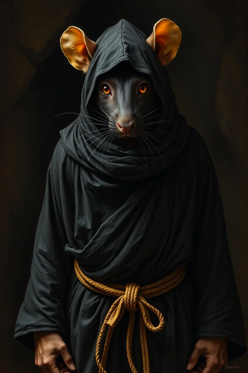 full figure, the yoga rat man, big black iris eyes with yellow glints, ou’re looking at someone who doesn’t just walk into shadows—they belong to them. The black robes cling like a second skin, the belt tied tight with gold thread that catches the light only when he moves. His face is wrapped, but not hidden—his eyes glow like embers, red and steady, as if he’s already seen what waits inside the cave. The tail curls behind him, not in fear, but in readiness. He doesn’t need a torch, by Rembrandt