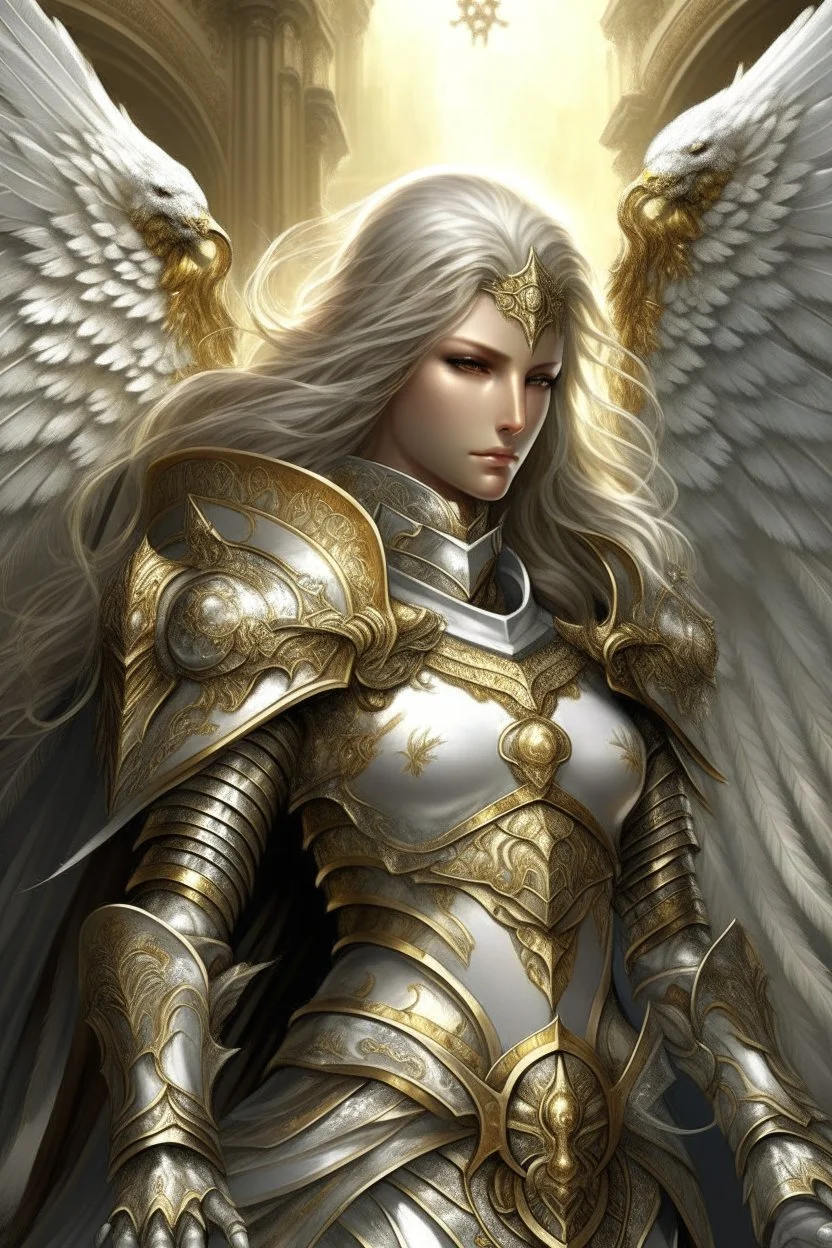 Beautiful angel a mighty paladin stands tall, adorned in gleaming silver armor with intricate gold engravings. The armor is both regal and functional, providing protection while exuding an aura of righteousness. The paladin's face is stern, framed by a flowing mane of golden hair, and their eyes radiate a sense of unwavering determination. Clutched in one hand is a finely crafted pistol, its barrel adorned with sacred symbols. The pistol itself appears to be a blend of traditional craftsmanship