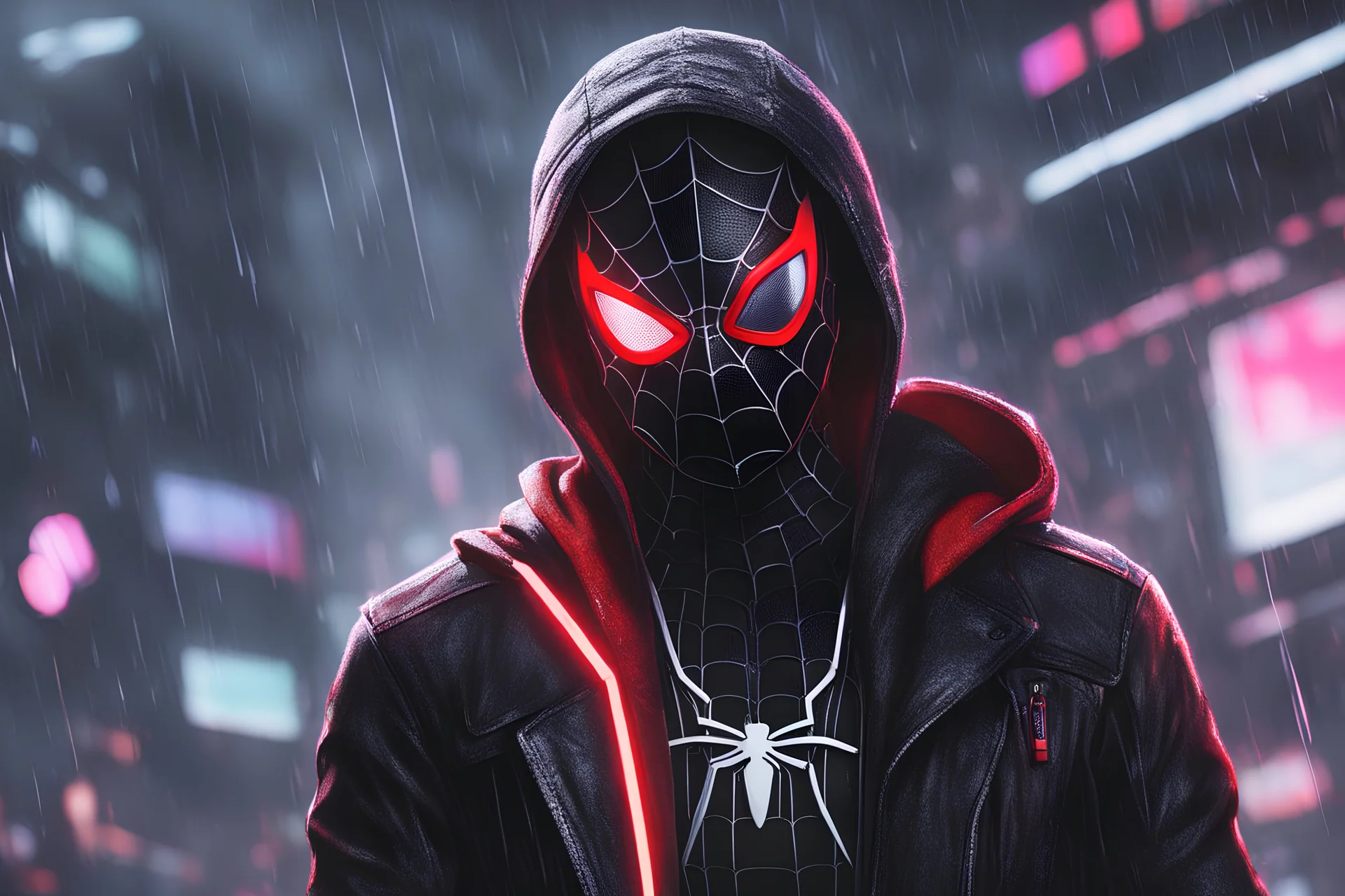 Miles morales in 8k nier automata drawing style, spider them, cinematic mood, neon effect, close picture, rain, highly detailed, high details, detailed portrait, masterpiece,ultra detailed, ultra quality
