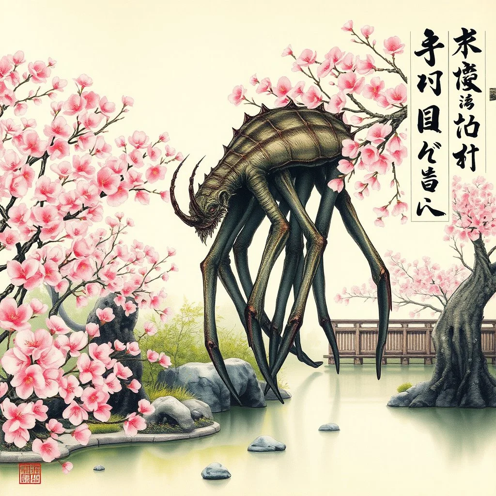 Create a watercolor-inspired Japanese silk painting. The main subject is an grotesque Lovecraftian amphibeous six legged monster skulking ominously in a serene zen garden. The garden is ablaze with the delicate pink color of cherry blossoms in the spring, offering a natural and vibrant contrast. Overlaid on this beautiful scene is vertical Japanese calligraphy, adding an artistic and cultural flair. The composition is dynamic, with the horrible Lovecraftian monstrosity juxtaposed against the gar