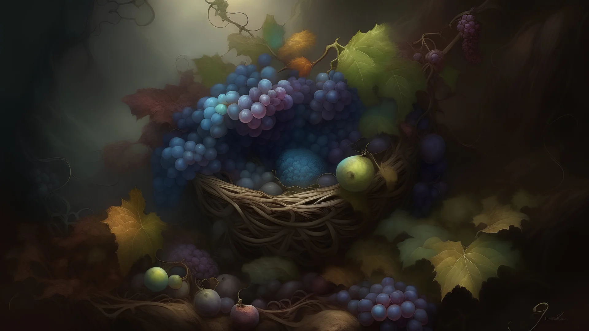 fantasy, A gentle breeze carries mist around the plump, ripe grapes, their skins blushing with color. The soil beneath the vines is rich and dark, teeming with the coils of active earthworms., adventure core, soft and dreamy depictions, epic eerie