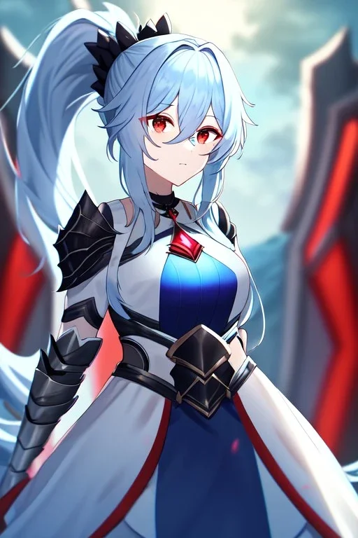 girl, masterpiece, best quality, cinematic lighting, detailed outfit, vibrant colors, perfect eyes, red eyes, long hair, light blue hair, messy hair, hair between eyes, depth of field, ray tracing, ponytail, armored dress,