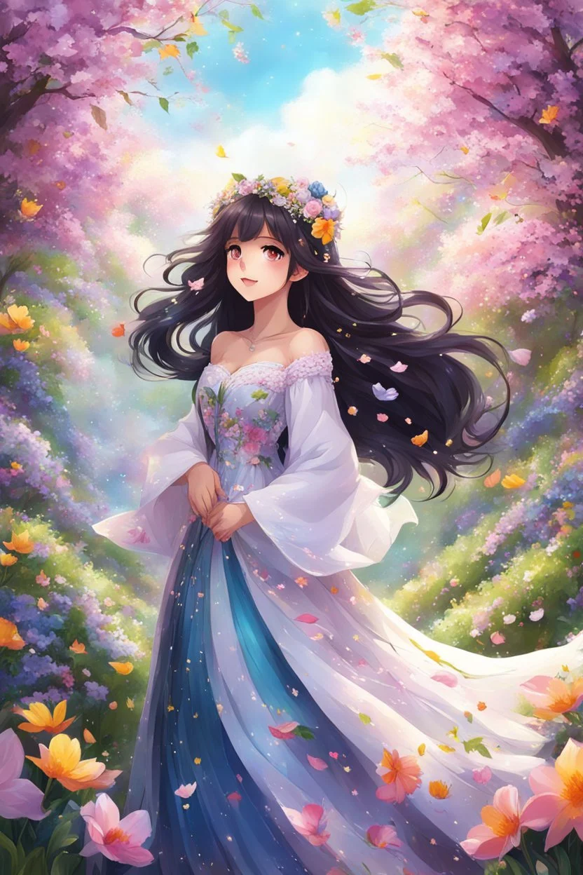 An anime girl with long dark hair and a dress of petals, adorned with spring flowers, was a vision of beauty amidst the mesmerizing spell of spring. highly detailed, digital painting, adorable digital painting, beautiful detailed digital painting, colorful, high quality, 4k