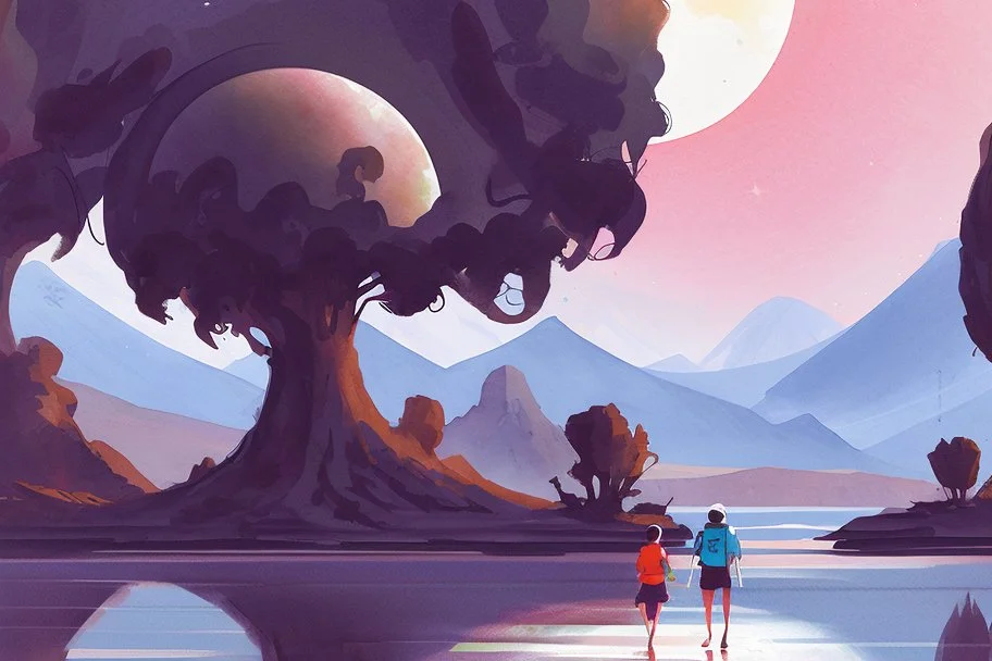 illustration concept art water color style for teenagers in other planet watching the moon and mountains having adventure two teenagers are walking mystery weird cretures trees exiting