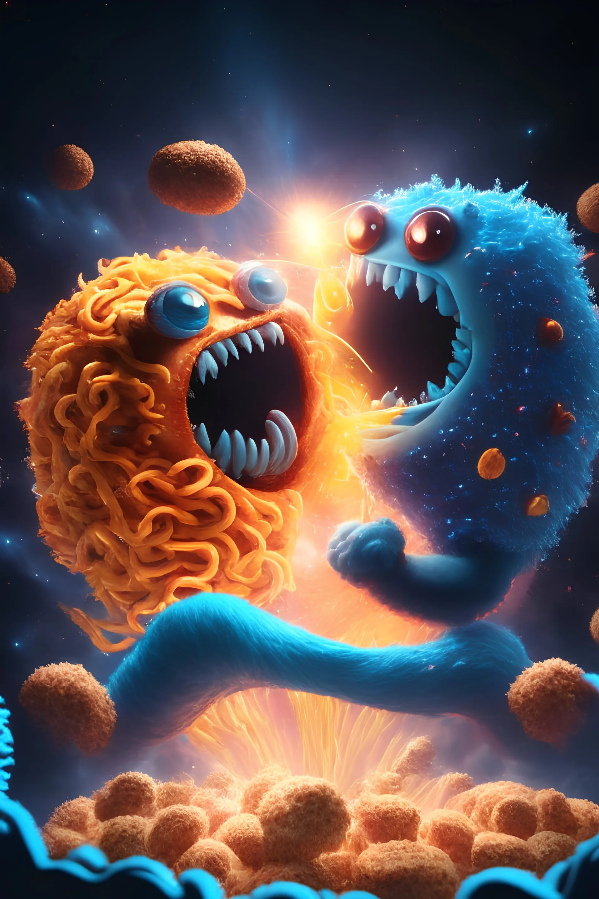 pasta monsters fighting meatball monsters, 8k, outerspace