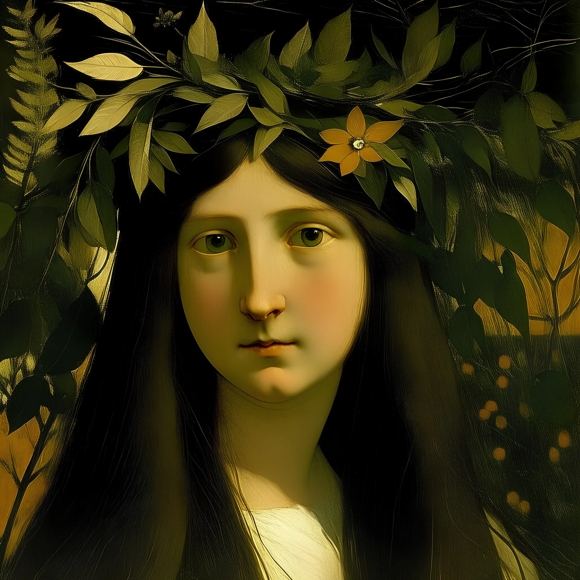 A young girl loose hair and tiara among leaves and flowers at sunset painting by Amadeo Modigliani
