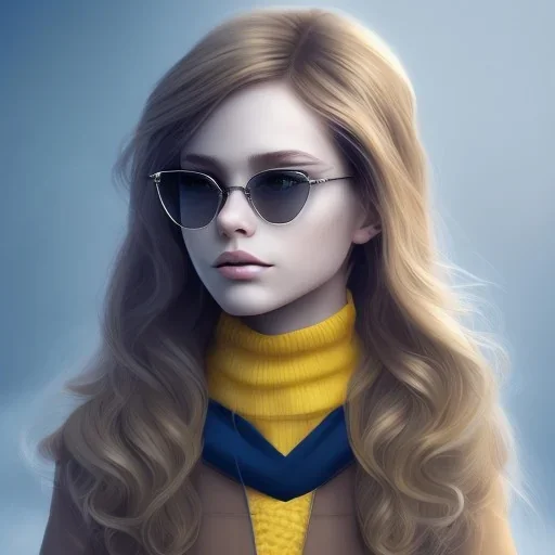 Girl with long wavy brown blond hair, yellow hawk eyes. Wears Hogwarts Hufflepuff uniform and sunglasses with a yellow clip.