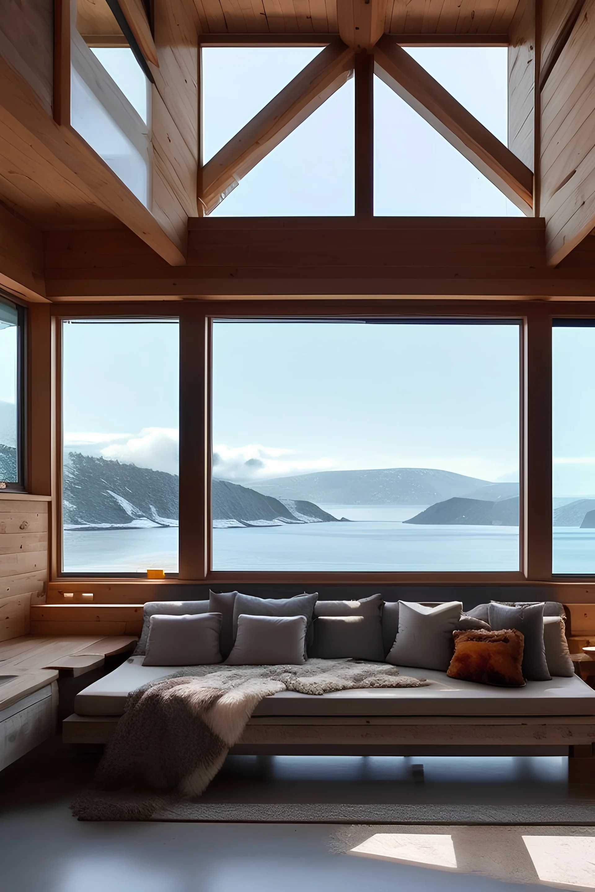 Intérieur Maison montagne design bois et béton. Grand canapé couleur écru devant baie en verre avec vue sur montagnes avec neige. Lumière soleil couchant