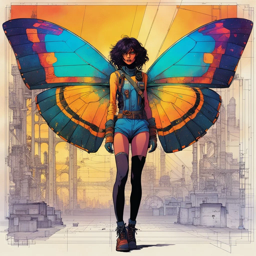 Hand drawn technical,full body portrait illustration , with detailed blueprints and engineering schematics of a walking hybrid Madagascan sunset moth insect girl, in the comic book art style of BILL SIENKIEWICZ and JEAN GIRAUD MOEBIUS, with highly detailed facial features, drawings, and technical notation, 8k, vibrant natural colors