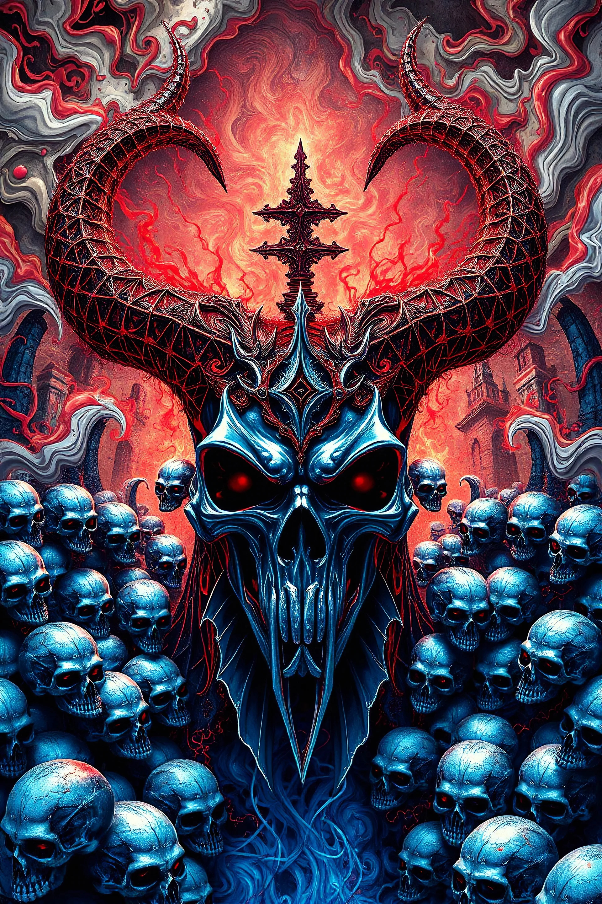 A masterpiece in psychedelic metal cyber art with swirling whites, chrome blue-red and chaotic colors. Old building The main focus is on the figure of a Gothic with intricate iron horns, surrounded by Millions of bright blue metal Skulls chaos Legion that dominate the composition. This image features abstract, fluid patterns that create a sense of movement, with details of shiny metallic textures and fractal-like designs. The background is a carnivora with old buildings, intense and mixed with i