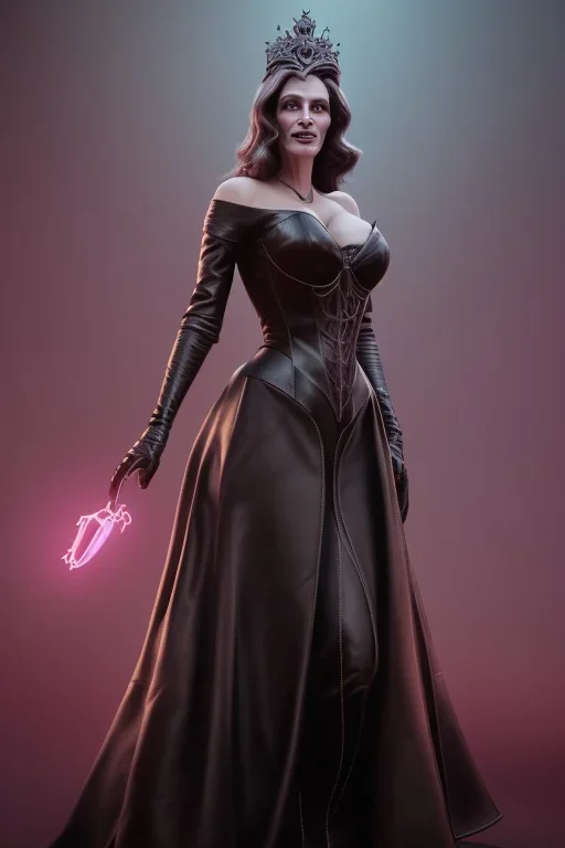 Julia Roberts as evil queen in black leather gown, evil, busty, cleavage, curvy, angry, stern look. character design by cory loftis, fenghua zhong, ryohei hase, ismail inceoglu and ruan jia. unreal engine 5, artistic lighting, highly detailed, photorealistic, fantasy