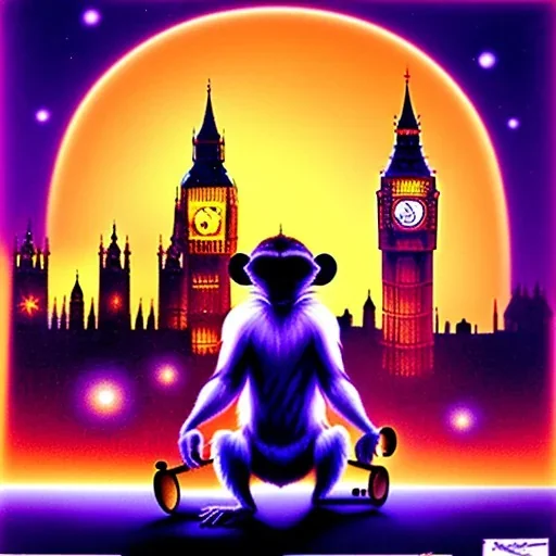 A monkey playing the drums, london skyline at night, in the style of Salvador Dali