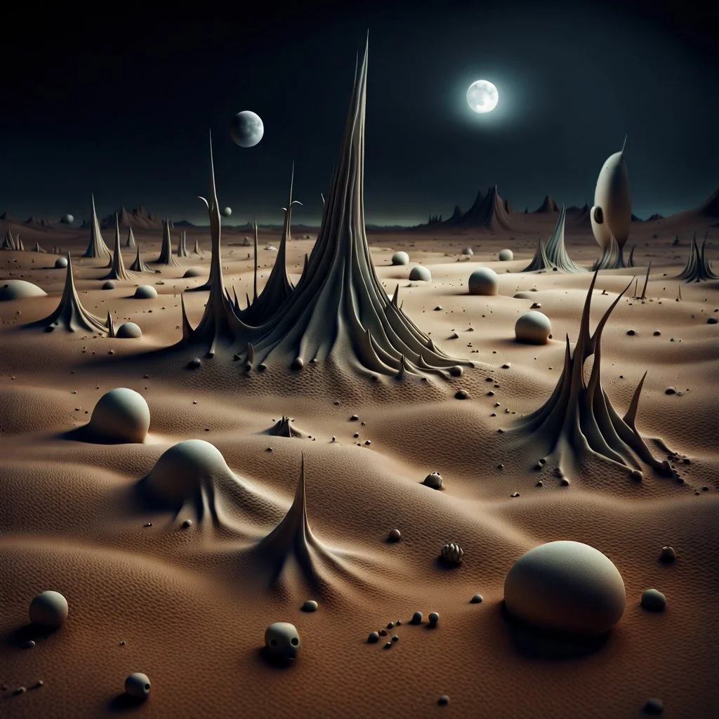 Photograph, odd objects scattered over an arid surface, night, nothingness, spooky, close-up, in Yves Tanguy style, nightmare, highly hypermaximalist, details of the terrain very accentuated, 8k, deep 3d field, sharp, eerily mysterious, artistic photo, large format film, shot on Hasselblad, 33mm photography