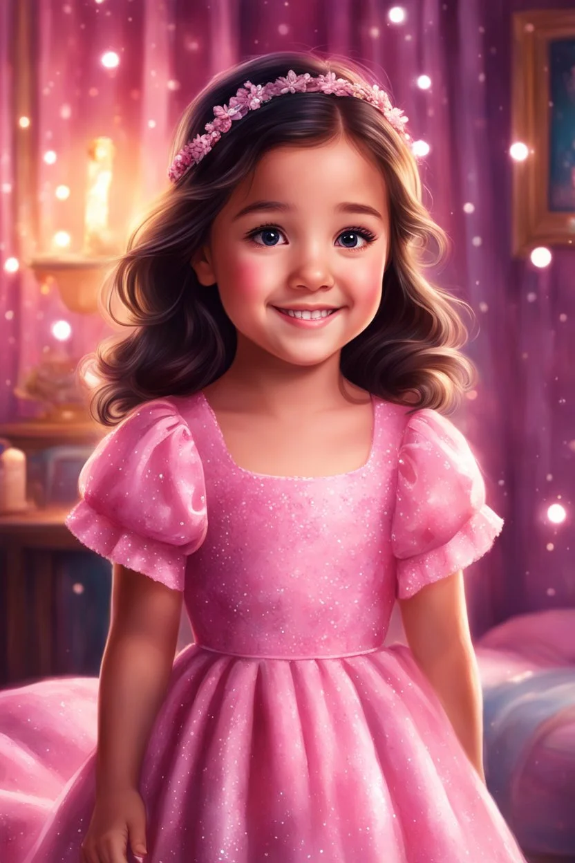 Digital painting of a beautiful little girl in a gorgeous pink dress, front view, Agnes face, smile, dark hair, bright eyes, cute face, adorable cute girl, cozy room in the background, Sparkles, Disney art, digital painting style, High quality, 4k