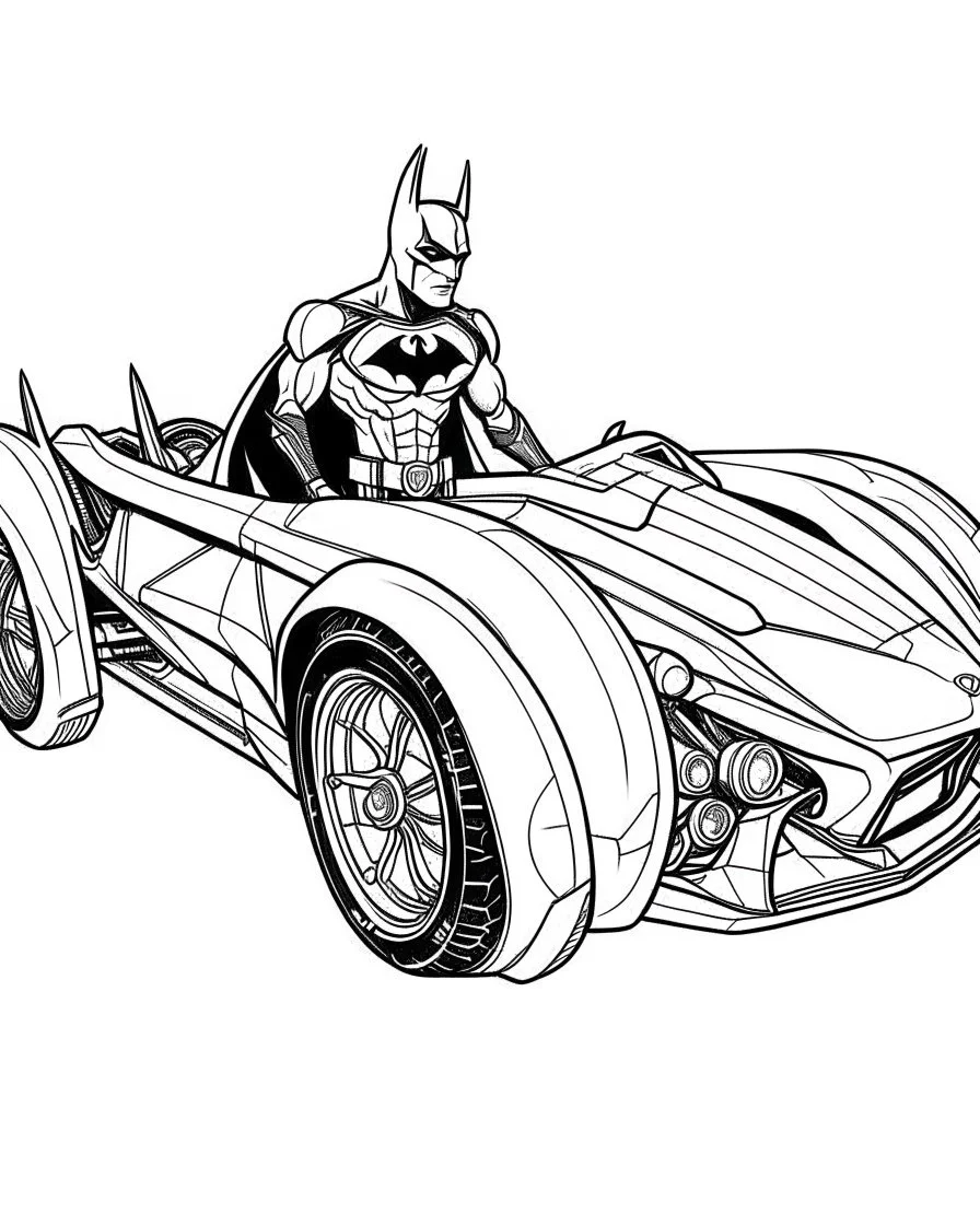 batman with his The Batmobile coloring page, no leaves, full body (((((white background))))), only use an outline., real style, line art, white color, clean line art, white background, Sketch style