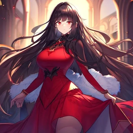 Clear focus, high resolution, black long fluffy hair, red eyes, wearing a chrimstas outfit, wearing a red skirt