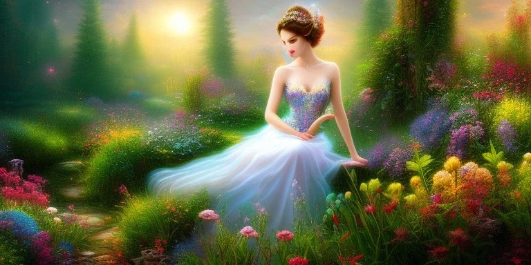 bright fairy, beautiful portrait, flowery landscape