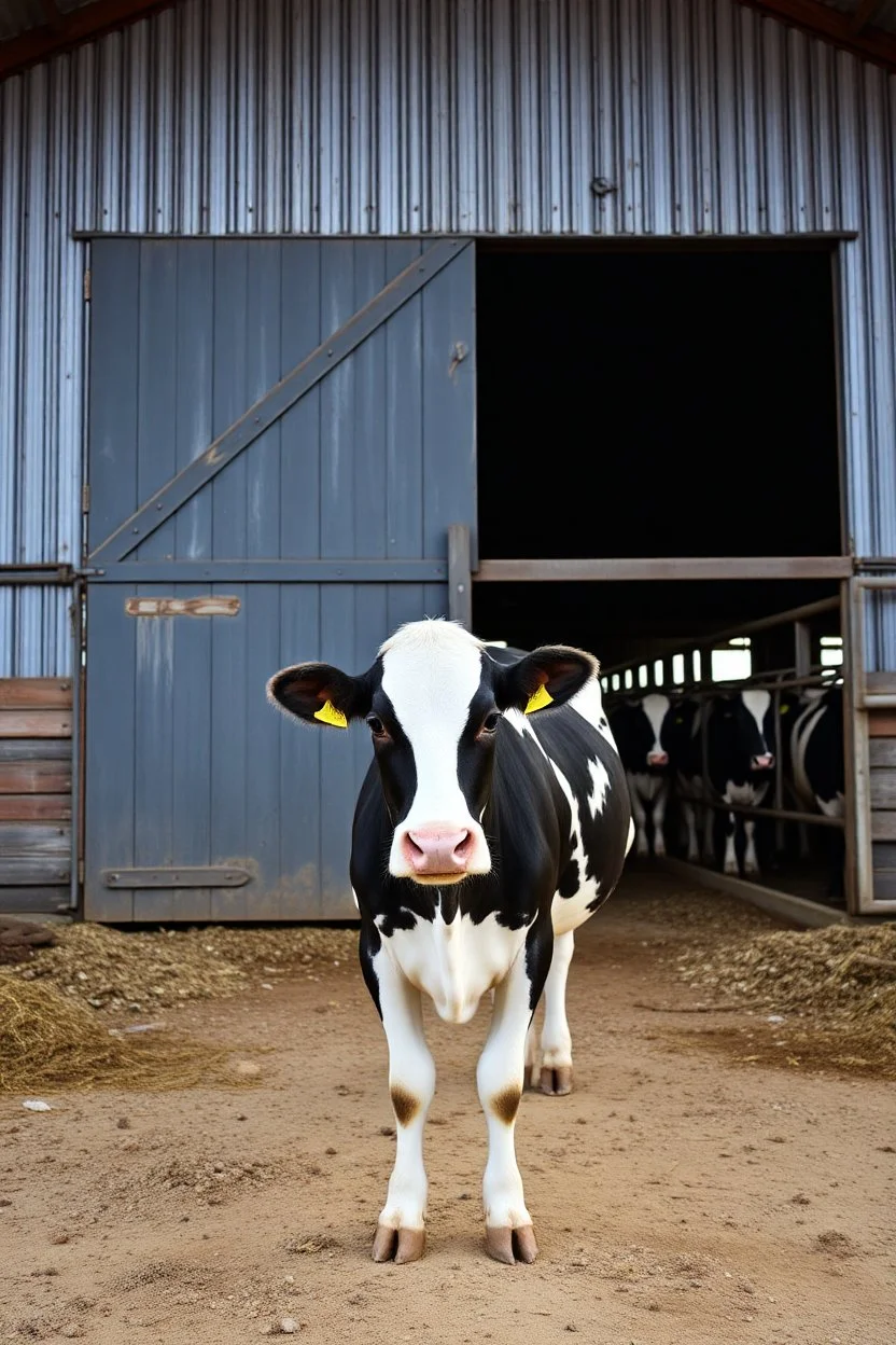 a Dairy barn, with one Holstein Cow in front