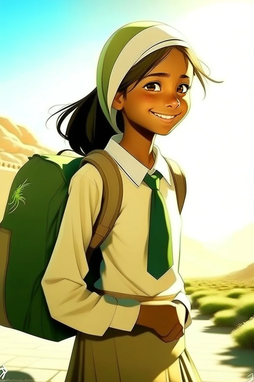 School student, school uniform, Omani, smiling slightly, from behind, school, students, morning, sun,cartoon,The girl looks forward