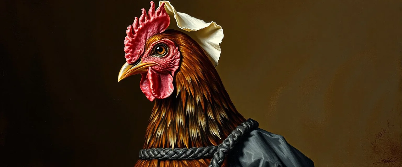 amish hen dressed in amish outfit, painted with oil paint by rembrandt