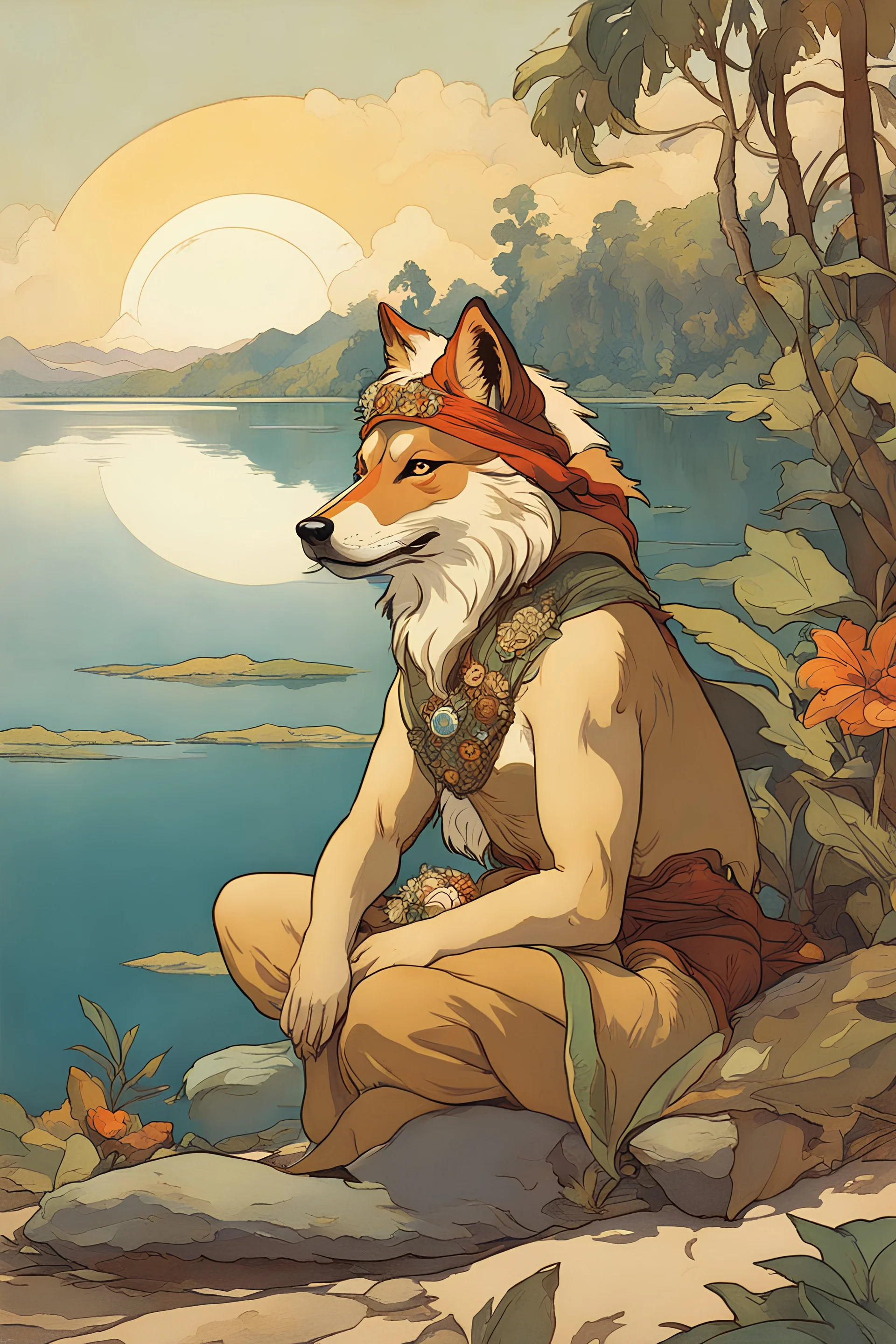 Furry werecoyote inindies at the lake. Renowned character illustration by alphonse mucha