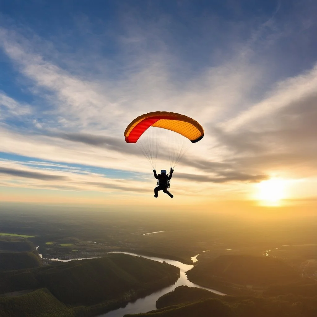 Create a picturesque scene from the POV of the parachute jumper soaring through the sky. Below, translucent clouds float gently, and vibrant, colors skies blend with shades of orange and gold at sunset. In the distance, a stunning landscape unfolds, featuring river and patches of green and gold, bathed in the warm light of the setting sun.