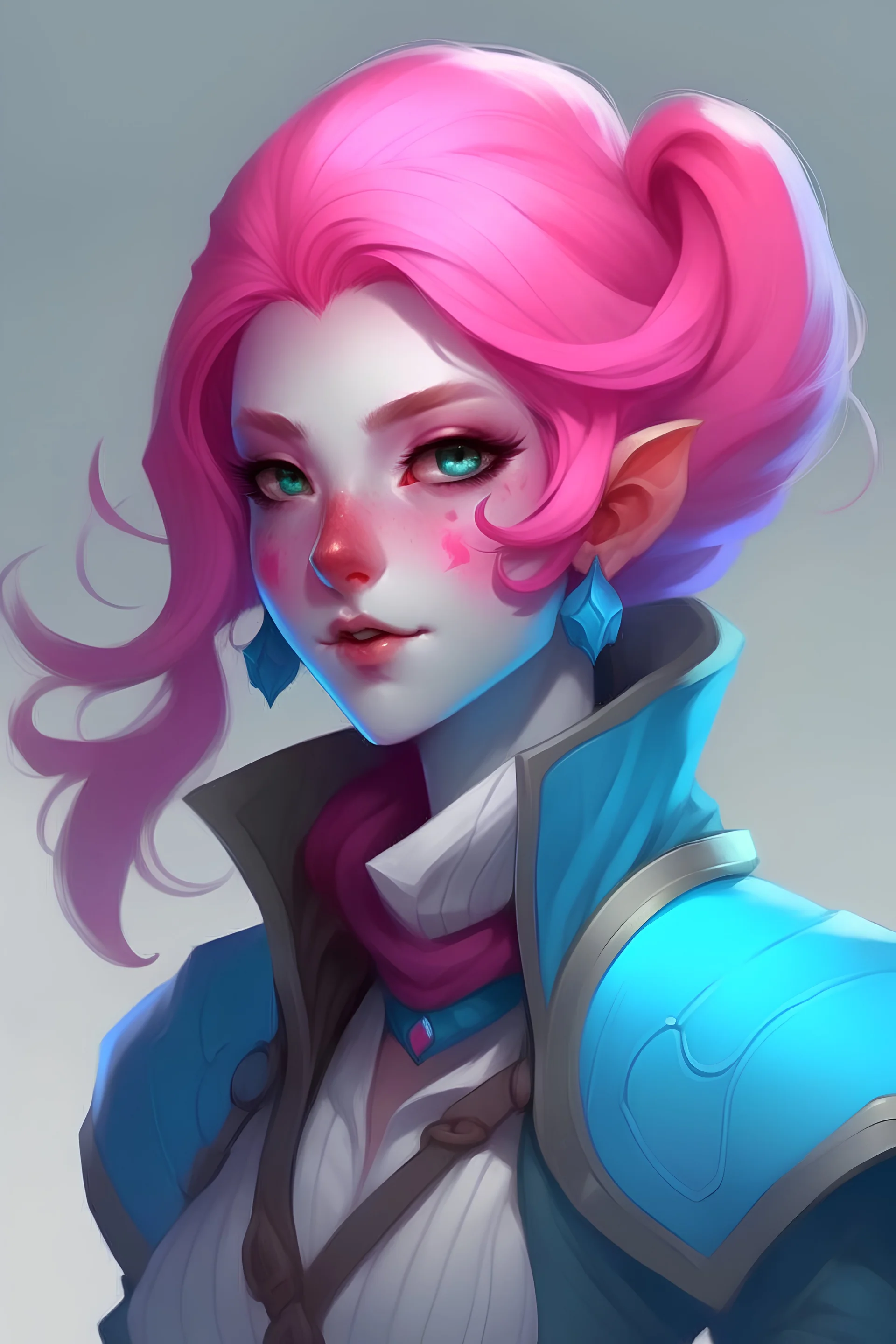 young female dnd air genasi with pale blue skin and deep pink ombre hair