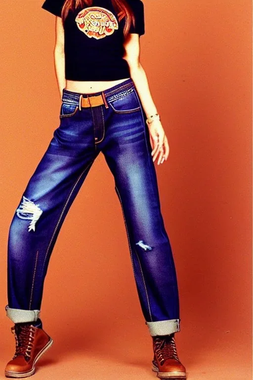 year 1996 denim fashion. Loose fit, "combat pants" with low waist, baggy, Combat pants and t-shirt. Colors: denim blue, blue, purple, khaki, light green, lilac, plum, orange, terracotta, red, pink, dark blue, beige. Women models. Patterns: cheetah, balls, stripes.Jennifer Lopez, Gwyneth Paltrow, . Big tennis shoes on. Cargo pants. leg warmer