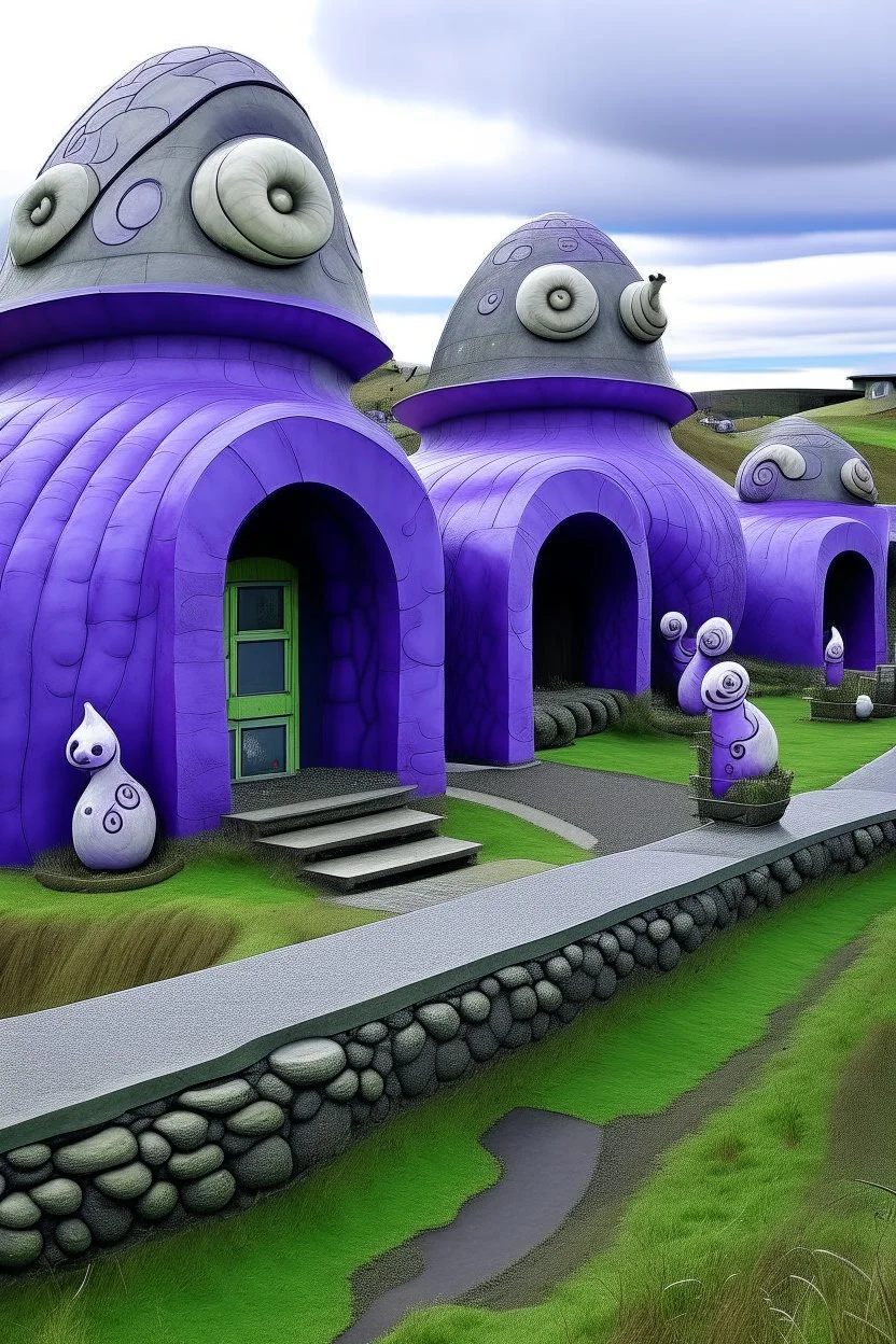 A purple university with slimy snails designed in Moai statues painted by Christen Købke
