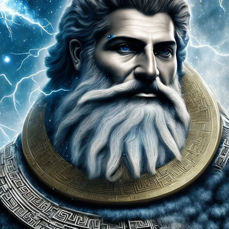 photo realistic, symetrical, centered, ultra detailed, digital art, in center is a portrait of highly detailed greek colossus god zeus surrounded by quantum galaxy codes seeking knowledge, gray hair and beard, detailed face with human skin color, eyes filled with galaxy, dominating colors = gray light blue and dark gold, lightning, smoke,