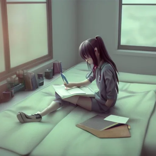 girl studying in room, anime style