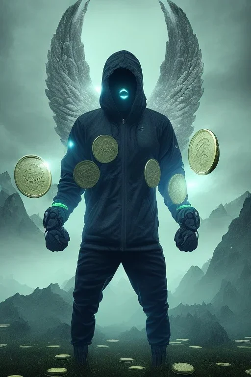 running berserker portrait , no face, black jogging suite , in the night Alps , holding coins , angels background, volumetric light, high detail, dark leaf tree, dark mountains in background, perfect, HR Giger style