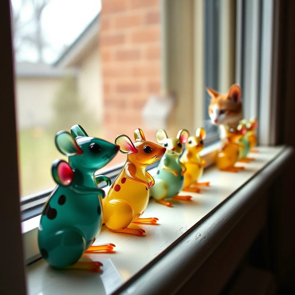 🏁 Enameled glass figurines of anthropomorphic mice arraigned on a windowsill, cat outside looking in the window curiously at the glass figuring mice, photorealism, HD digital photography, warm colors