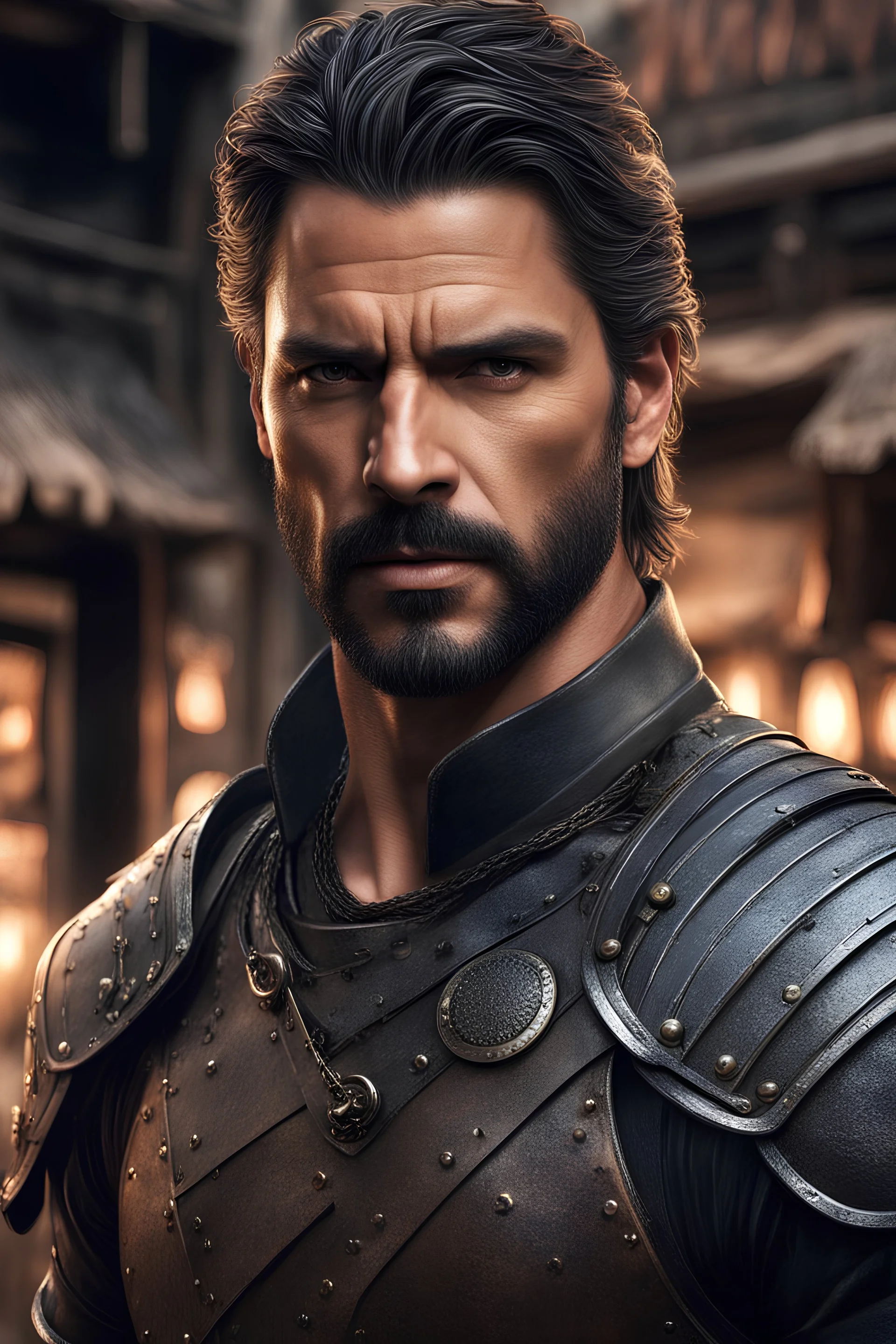 A portrait of a male warrior standing guard in front of a merchant shop, Adult man fusing Joe Manganiello+Manu Bennett's features, fair complexion, shoulder length hair, intense eyes, black medium leather armor, necklace, portrait, digital art, dramatic lighting, high detailed