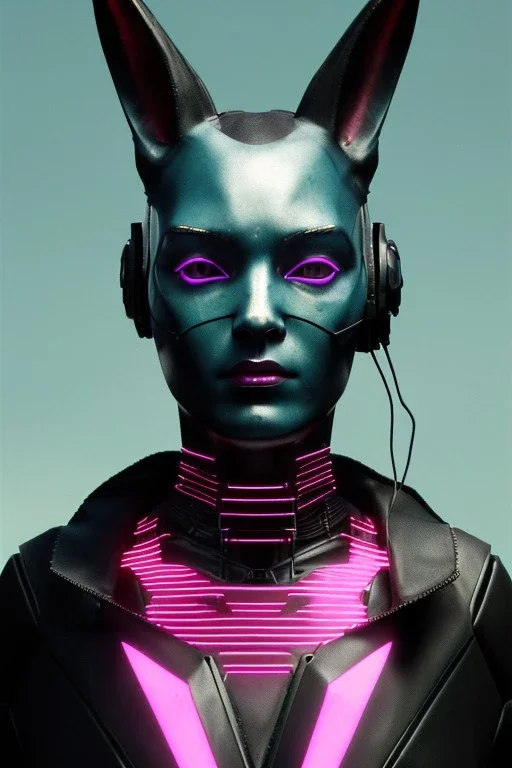 Medium Close Up Portrait, Front image. cyberpunk, rabbit mask, sweet woman, black hair and beard. latex suit army. Pink, black, blue, color. Cyborg style. Color background, photo studio. highly detailed, concept art, smooth, unreal engine 5, ray tracing, RTX, lumen lighting, ultra detail, volumetric lighting, 3d, finely drawn, high definition, high resolution.