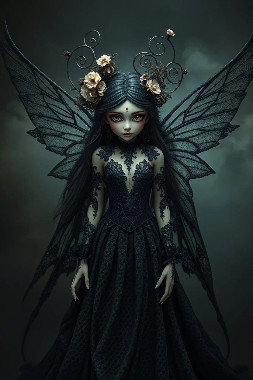 A whimsical dark fantasy detailed dark fairy with wings, an ethereal presence and hyper-realistic features. Her ewaring a victorian, goth enchanted aesthetic. Her large, dark eyes shimmer with mystery, while her flowing lacy long gown sways as if caught in an unseen breeze. Ornate wire spirals and dried dry floral elements crown around, giving her an otherworldly, nature-bound elegance with dark lace, shadows, fog in a surreal atmosphere. Hyperrealistic, splash art, concept art