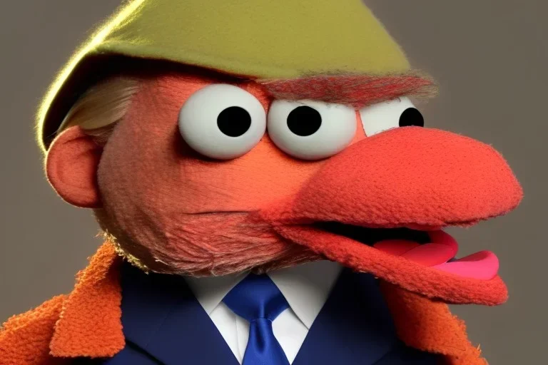 Angry muppet trump in a suit with a spray tan, No tongue. Wearing a MAGA cap, centered