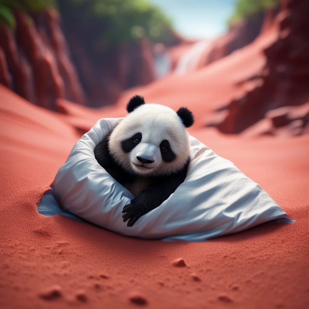 pen outline, waterfall, panda in luxury sleeping bag on red sand beach ,bokeh like f/0.8, tilt-shift lens 8k, high detail, smooth render, down-light, unreal engine