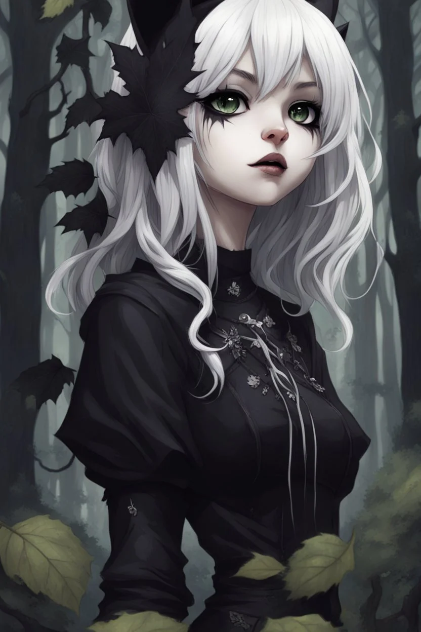 CAT GIRL, goth, SOULLESS, forest, nature, cartoon, leaves, half black half white hair