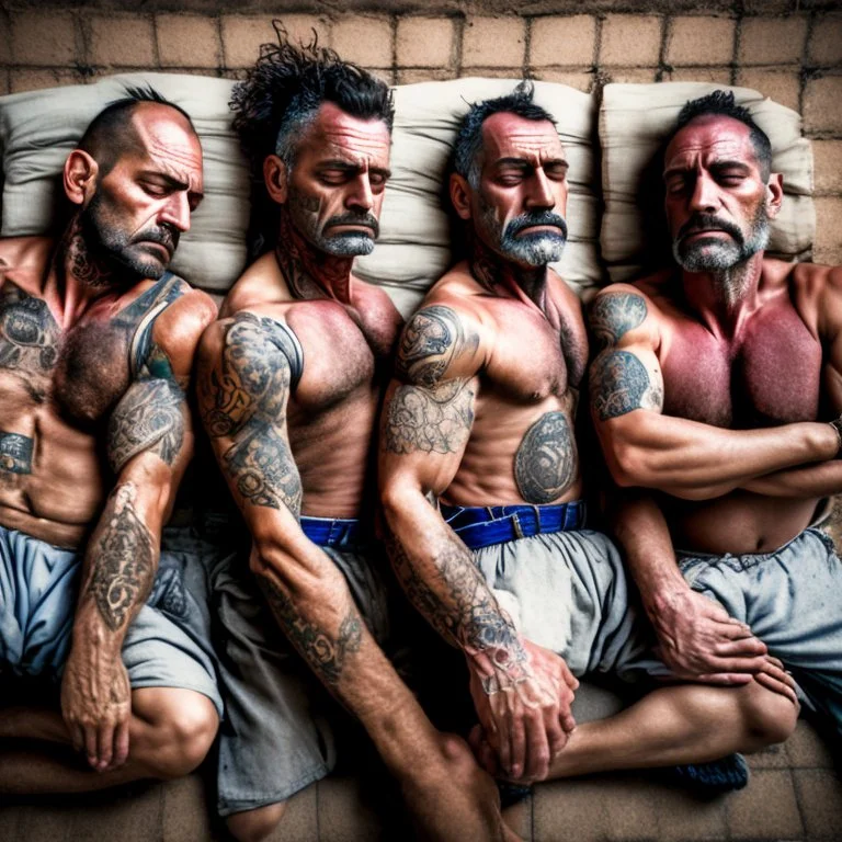 close up 35mm lens, top view of three gipsy prisoners 45 years old sleeping laying down inside a dirty jail, ugly, bullneck, strong beefy, in tank top, manly chest, tattoo, misery and poverty, photorealistic, ultradetailed, 32keyes