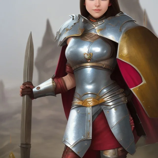 Medieval warrior girl, wearing armor, snow mountain background