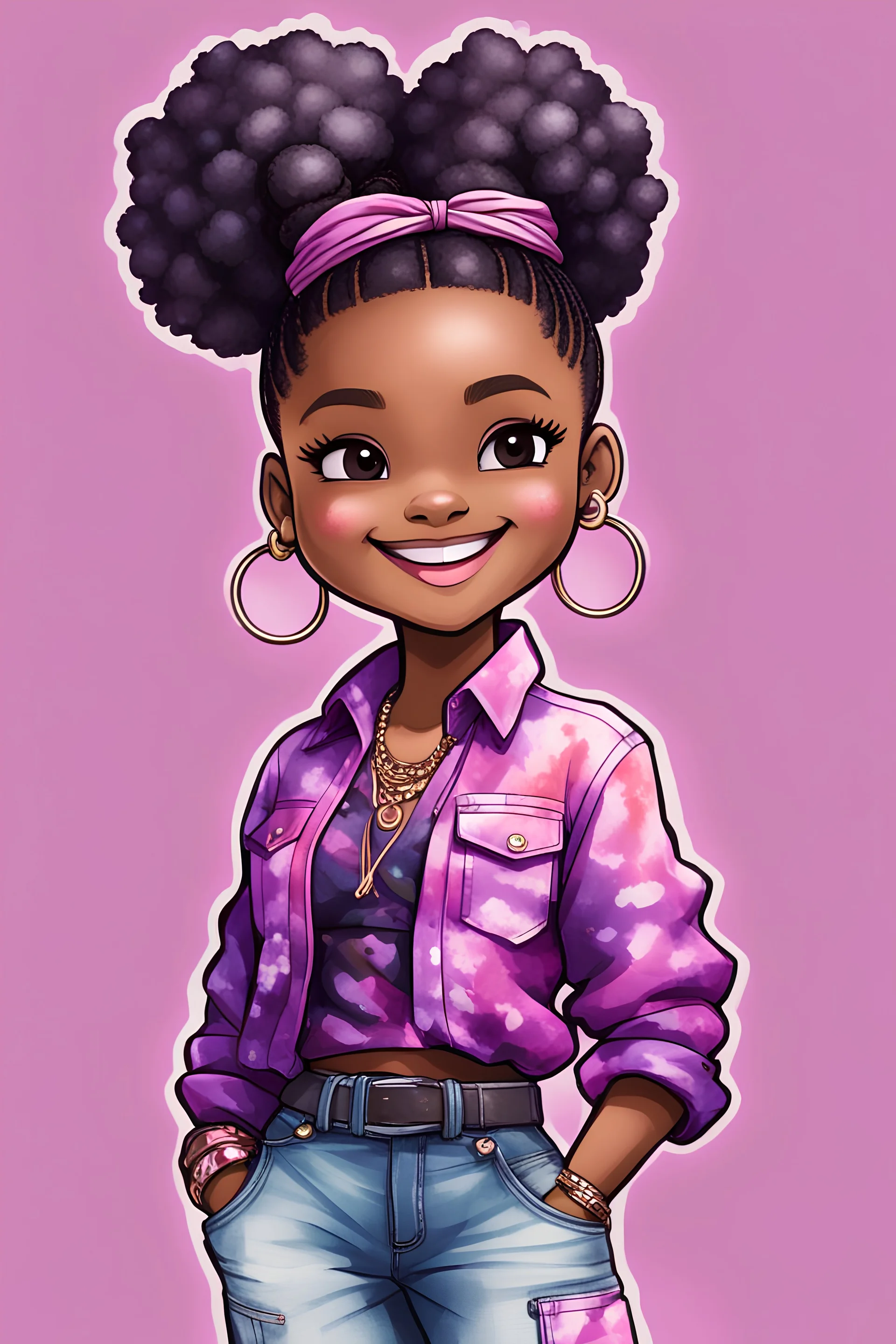 An Afrocentric ink wash confident thick chibi black woman with a large, highly detail sleek high bun. She smiles to the side and wearing a purple and pink tie dye blouse tied in the front, paired cargo jean pants. She accessorizes with large hoop earrings, multiple bangles, and a belt. The artwork is digital, emphasizing her fashion and confidence. .The background of pink peony flowers danging and flowing while she walks.full body 68K, futurism style