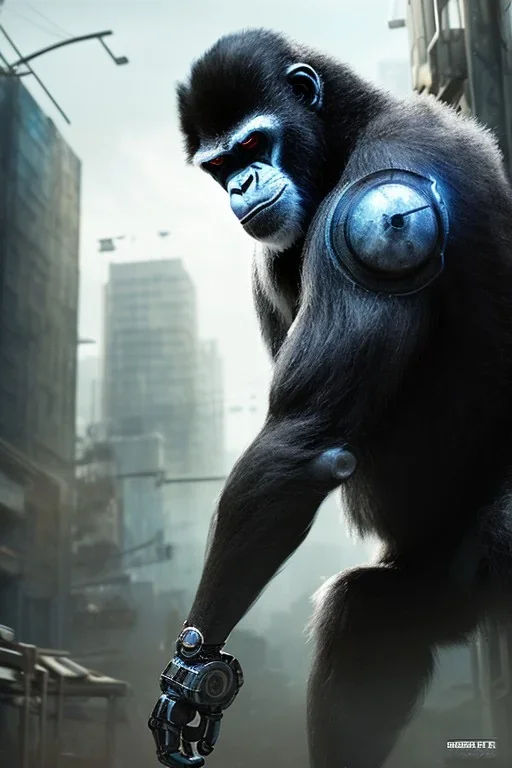 Cybernetic Robot Gorilla, post-apocalyptic in a cyberpunk city, realistic, intriacte detail, sci-fi fantasy style, volumetric lighting, particales,highly detailed,cinamatic, deep