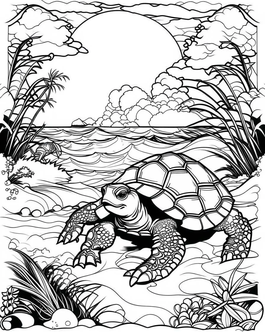 coloring pages for kids, Pacific island shaped Japanese ink painting,, splashed paint, tropical beach, paradise, sea turtles, yellow sun, a Polynesian warrior , Art drawing ; ink , super detailed, anime cartoon style, thick lines, low detail, black and white, no shading, --ar 85:110
