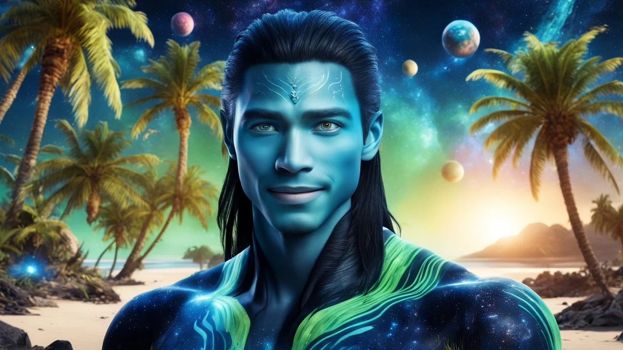 beautiful gorgeous young man na'vi with long hair, Avatar, blue skin, two small ears, green eyes, black hair, in cosmic suit, galactic ambiance, little pointy goatee , smiling, with spaceship and planets and palm trees and clear crystaline cosmic beach in background