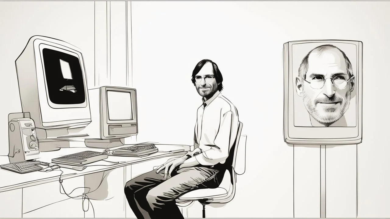 An image inspired by Steve Jobs' innovative spirit shows him standing next to the iconic iMac computer. Jobs appears in the image with a confident smile, casting a look full of optimism towards the future. The image showcases his dedication to achieving innovative technology and sleek design, captivating viewers' attention and encouraging them to explore more details about Steve Jobs' pioneering persona and his legacy in the world of technology and innovation.