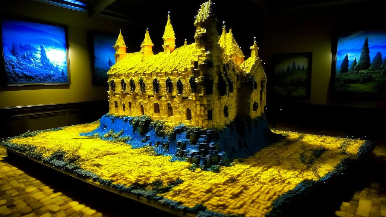 A yellow castle made out of batteries in a thunderstorm designed in Moroccan rug art painted by Vincent van Gogh