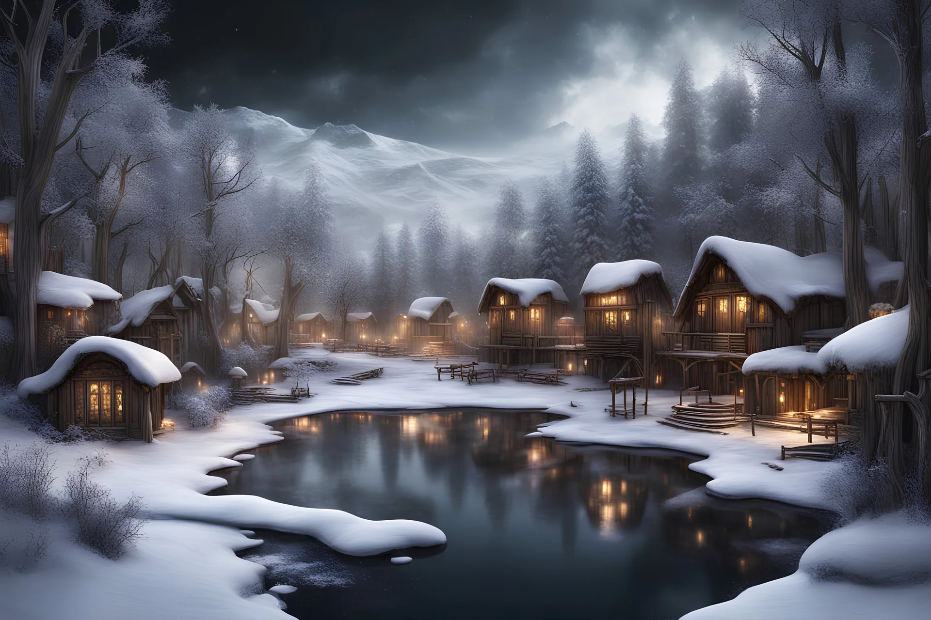 fantasy, arabic village build from wood, port, lake, forest, winter, frost, snow, clouds, darkness