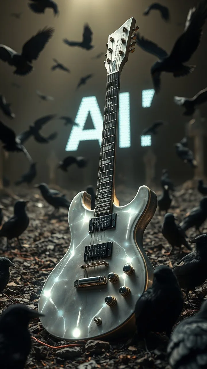"ancient glowing metallic white electrical guitar on a guitars graveyard ruined, surrounded by black birds runes , a background with a 3d Text of “ AI “ word dramatic spotlight, 16:9, high detail, no humans."